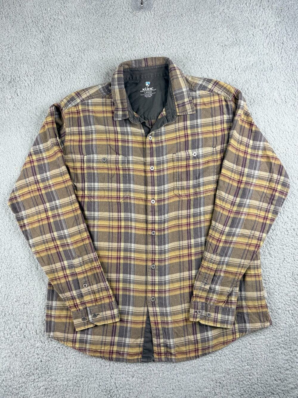 Kuhl Born In The Mountains Button Up Flannel Shirt Mens Large Brown/Yellow Plaid